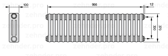 Схема (чертеж) Радиатор Zehnder Charleston 3037/21 №7610 Белый глянцевый RAL 9016